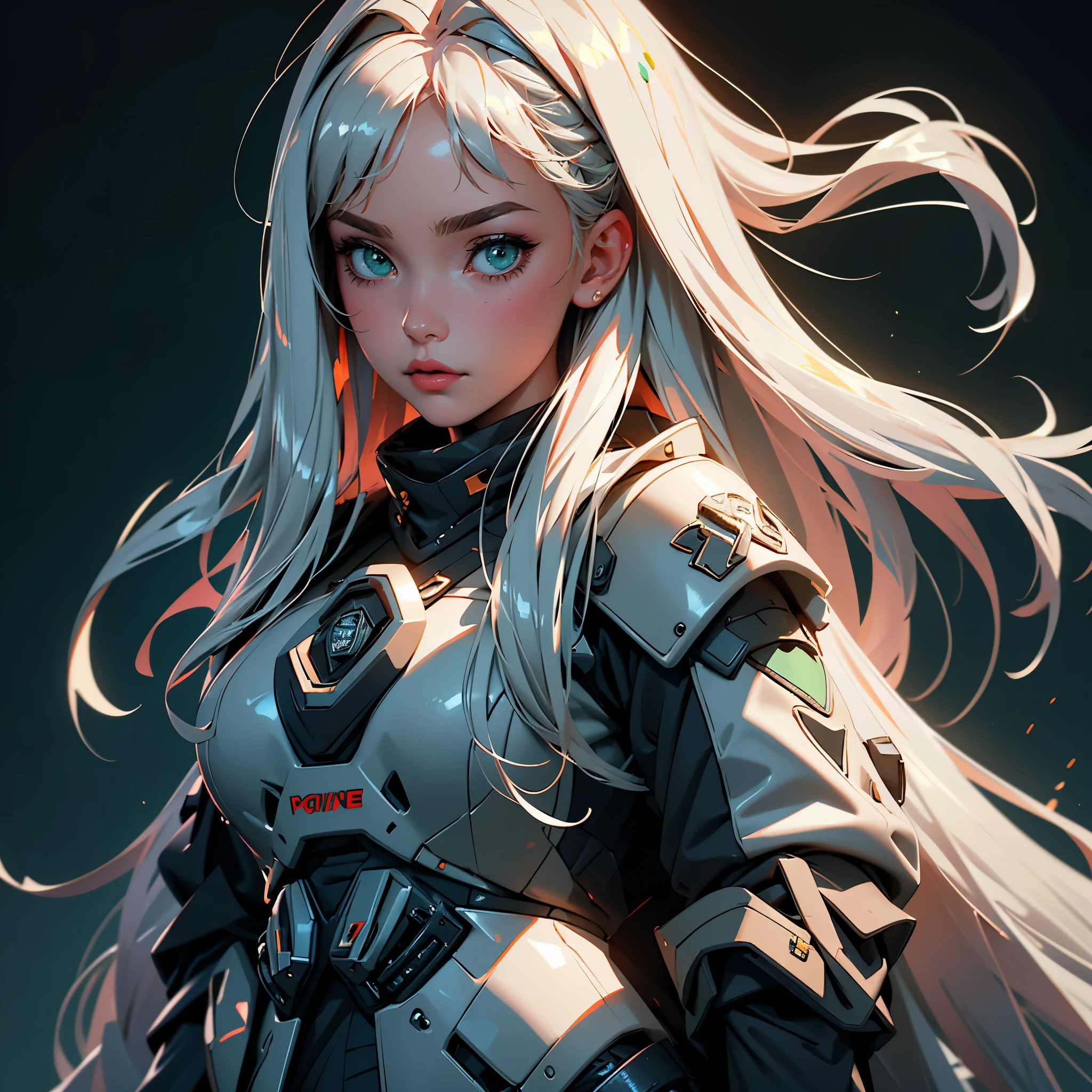 envision a 8k, highres, cinematic, beautiful extreme close up face Pinup of a sexy soft woman with a slender plump body, strong face, long silver hair, long bangs, green eyes, Riot Vest, police gear, Military Dress, Tech Accessories, pale skin, ((((1girl)))), in dark lighting, against a dark gray background