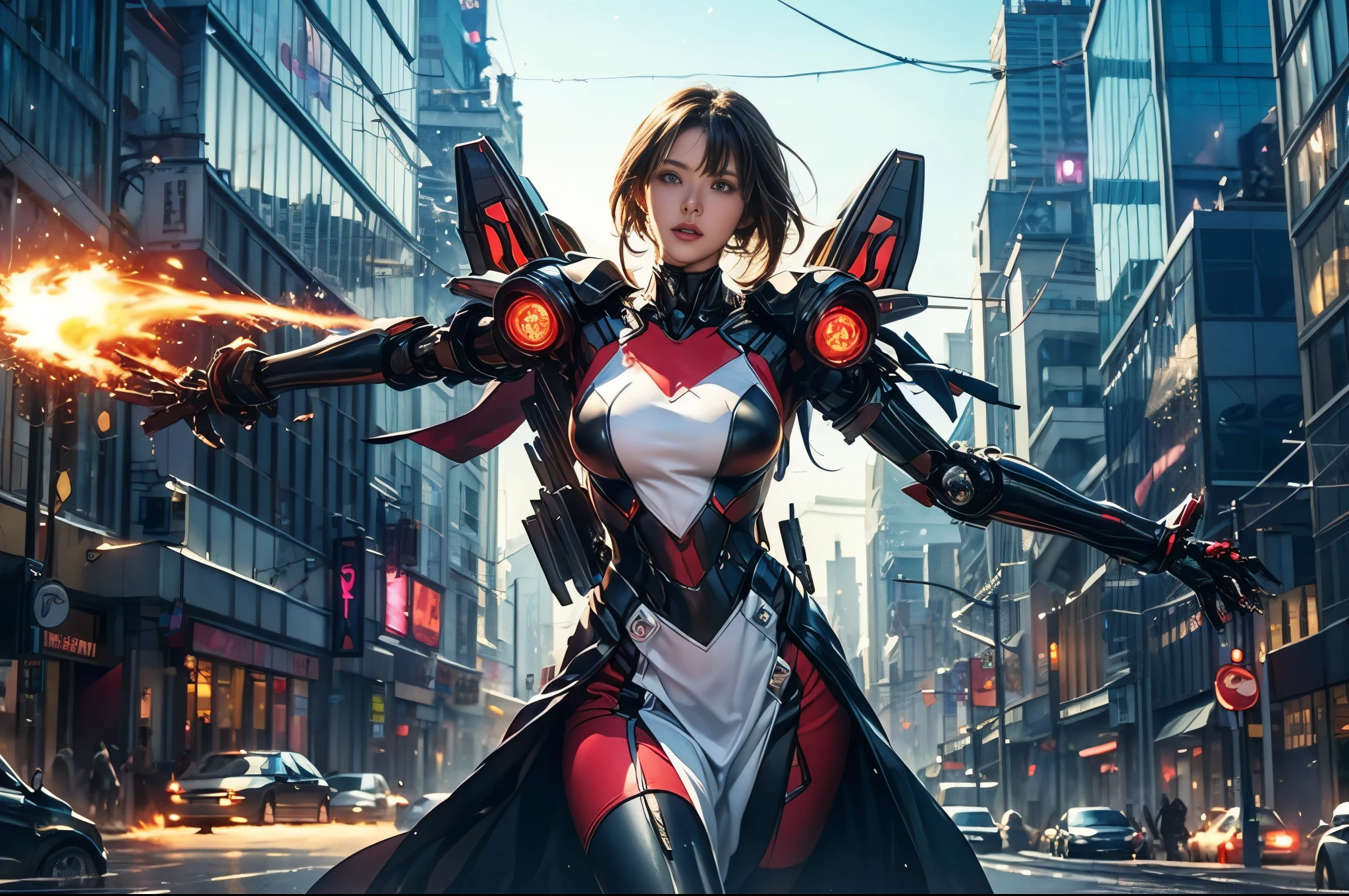 (Highest quality、4K、8k、High resolution、masterpiece: 1.2)、Very detailed、(Genuine、photoGenuineistic、photoGenuineistic: 1.37)、Destruction of a Great City、(A woman with telekinetic powers stands in front of a mecha operated by the invaders:1.37) 、(Women are young and beautiful:1、Unparalleled beauty:1.5)、Inserting mental barriers to resist robot attacks、Bustling city、Bright colors、Shining skyscrapers、Busy Street、Futuristic architecture and technology、Advanced holographic displays、Neon light splashes 、Dramatic lighting、Strong Shadows、The awe-inspiring power of women、There was determination in his eyes、Elegant flowing gown、Dynamic action in the wind、Stretch your arms out and lunge towards the robot.、A powerful energy blasts from the hands.、blue shining aura、sparks of electricity、Electricity crackling in the air、The vortex of energy surrounding women、A fascinating and surGenuine atmosphere、A sense of danger and impending doom、Background chaos and destruction、Crumbling Building、flying debris、Smoke and flames、 The contrast between beauty and destruction、The battle between technology and the extraordinary power of young women。