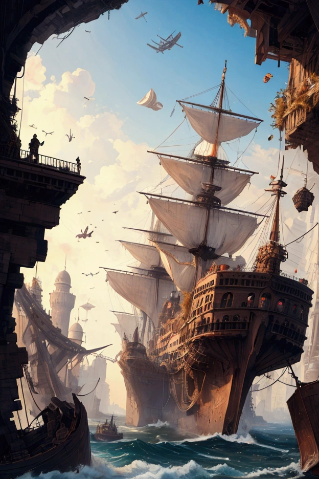 city under whaterfall, ships descend whaterfall