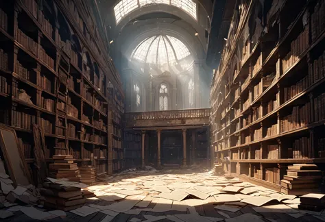 a vast, abandoned library filled with towering shelves of dust-covered books, each one bound in cracked leather. the air is thic...