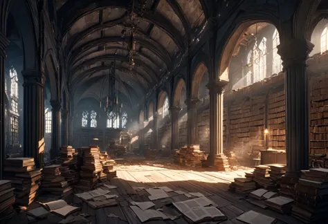 a vast, abandoned library filled with towering shelves of dust-covered books, each one bound in cracked leather. the air is thic...