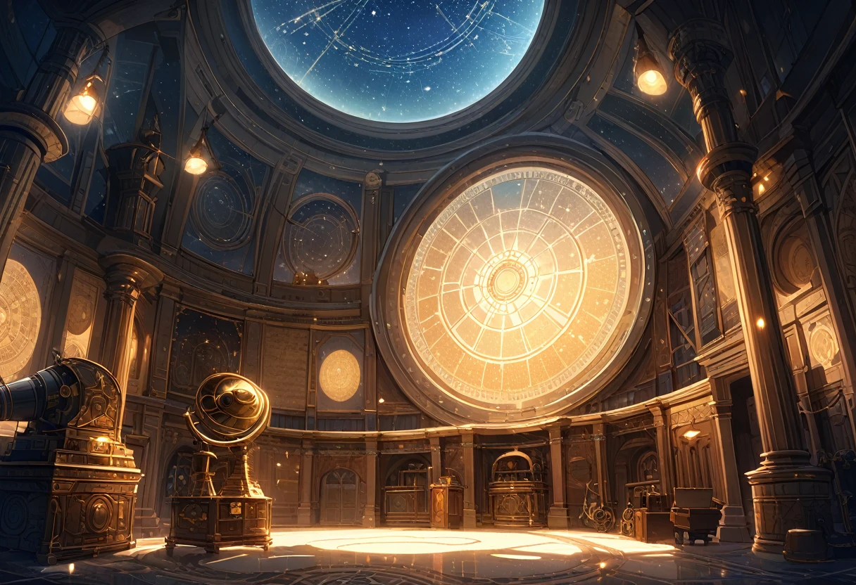 A towering, ancient observatory perched on the edge of a cliff, overlooking a vast, star-filled sky. The stone structure is weathered but grand, with intricate carvings of celestial bodies adorning its walls. Inside, a massive, antique telescope is pointed toward the heavens, surrounded by dusty, parchment-filled desks and brass instruments. The room is lit by the soft glow of starlight streaming through a large, domed skylight above, illuminating the intricate star charts and astrological symbols etched into the floor. The atmosphere is one of awe and mystery, a place where the secrets of the cosmos are studied and guarded. (Celestial atmosphere), (Highly detailed), (8K resolution), (Atmospheric lighting), (Mystical), (Ancient knowledge)