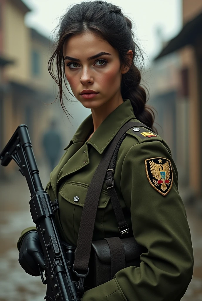 romanian girl, army dress and weapon
