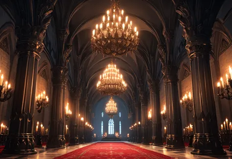 a vast, gothic-style great hall with towering, vaulted ceilings supported by dark, stone pillars. the room is illuminated by fli...