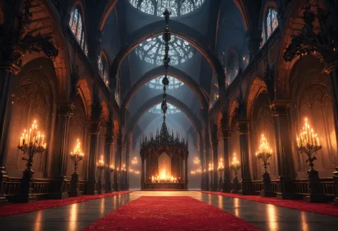 a vast, gothic-style great hall with towering, vaulted ceilings supported by dark, stone pillars. the room is illuminated by fli...