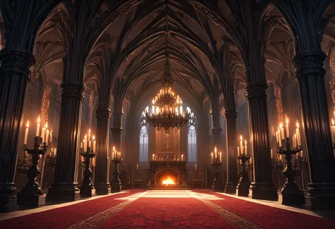 a vast, gothic-style great hall with towering, vaulted ceilings supported by dark, stone pillars. the room is illuminated by fli...