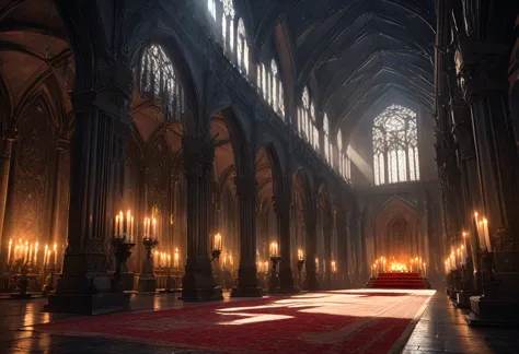 a vast, gothic-style great hall with towering, vaulted ceilings supported by dark, stone pillars. the room is illuminated by fli...