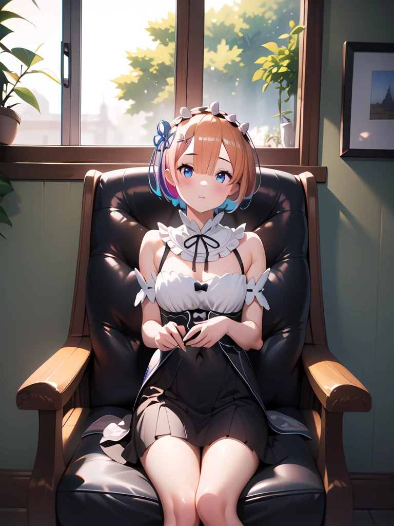 masterpiece, vibrant colours, best quality, detailed, highres, absurdres, score_9, score_8_up, score_7_up, 1girl, solo, ram1, ram \(re:zero\), indoors, sitting