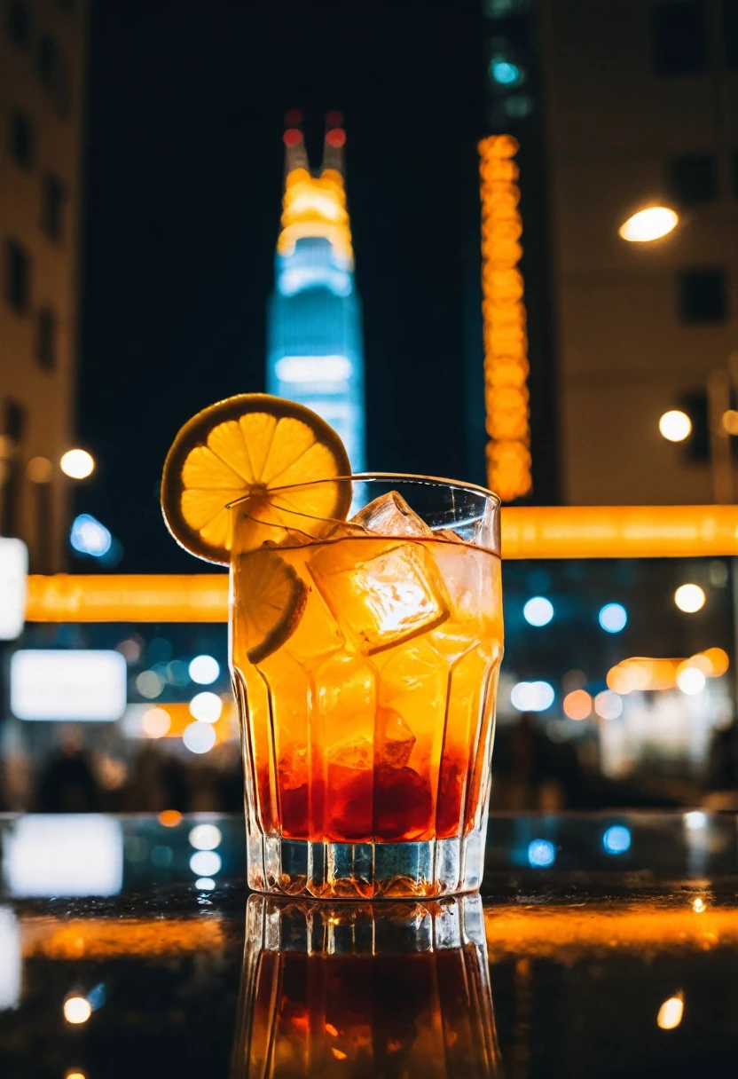 photograph a colorful cocktail in a glass surrounded by ice and cubes, outdoors, food, artist name, water, blurry, english text, cup, no humans, night, fruit, depth of field, blurry background, building, scenery, drinking glass, reflection, ice, water drop, city, glass, cityscape, skyscraper, orange \(fruit\), lemon, city lights, orange slice, 50mm . cinematic 4k epic detailed 4k epic detailed photograph shot on kodak detailed cinematic hbo dark moody, 35mm photo, grainy, vignette, vintage, Kodachrome, Lomography, stained, highly detailed, found footage