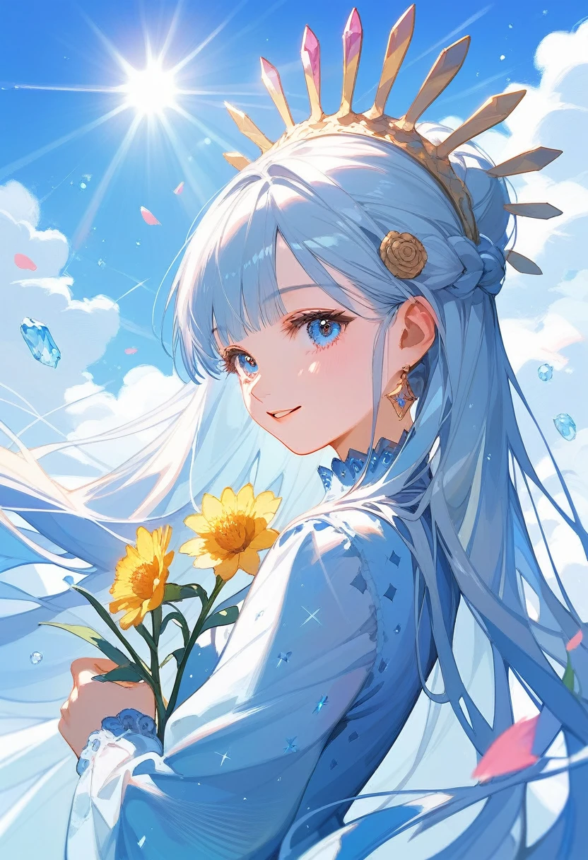 1girl,solo,girl with a very light sky blue very very long hair,and lapis blue eyes ,detailed hair strands and detailed eye iris ,the girl is wearing pastel blue robe with crystal pattern ,her hair is shining with light from sun rays, and her eyes sparkling with colored highlights ,the girl is very cute and beautiful ,she s looking at the viewer and smiling and she holds beautiful flowers in her hand ,hight quality ,gorgeous smile