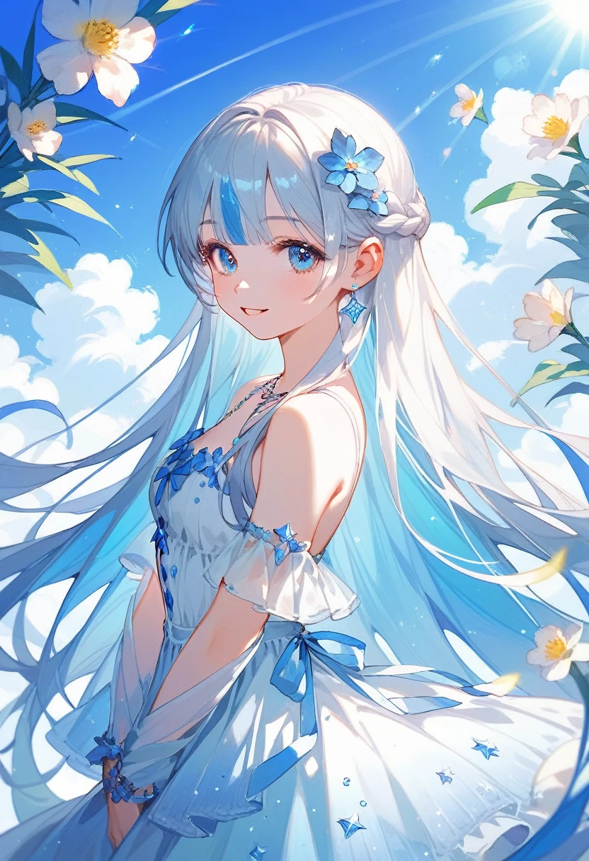 1girl,solo,girl with a very light sky blue very very long hair,and lapis blue eyes ,detailed hair strands and detailed eye iris ,the girl is wearing pastel blue robe with crystal pattern ,her hair is shining with light from sun rays, and her eyes sparkling with colored highlights ,the girl is very cute and beautiful ,she s looking at the viewer and smiling and she holds beautiful flowers in her hand ,hight quality ,gorgeous smile