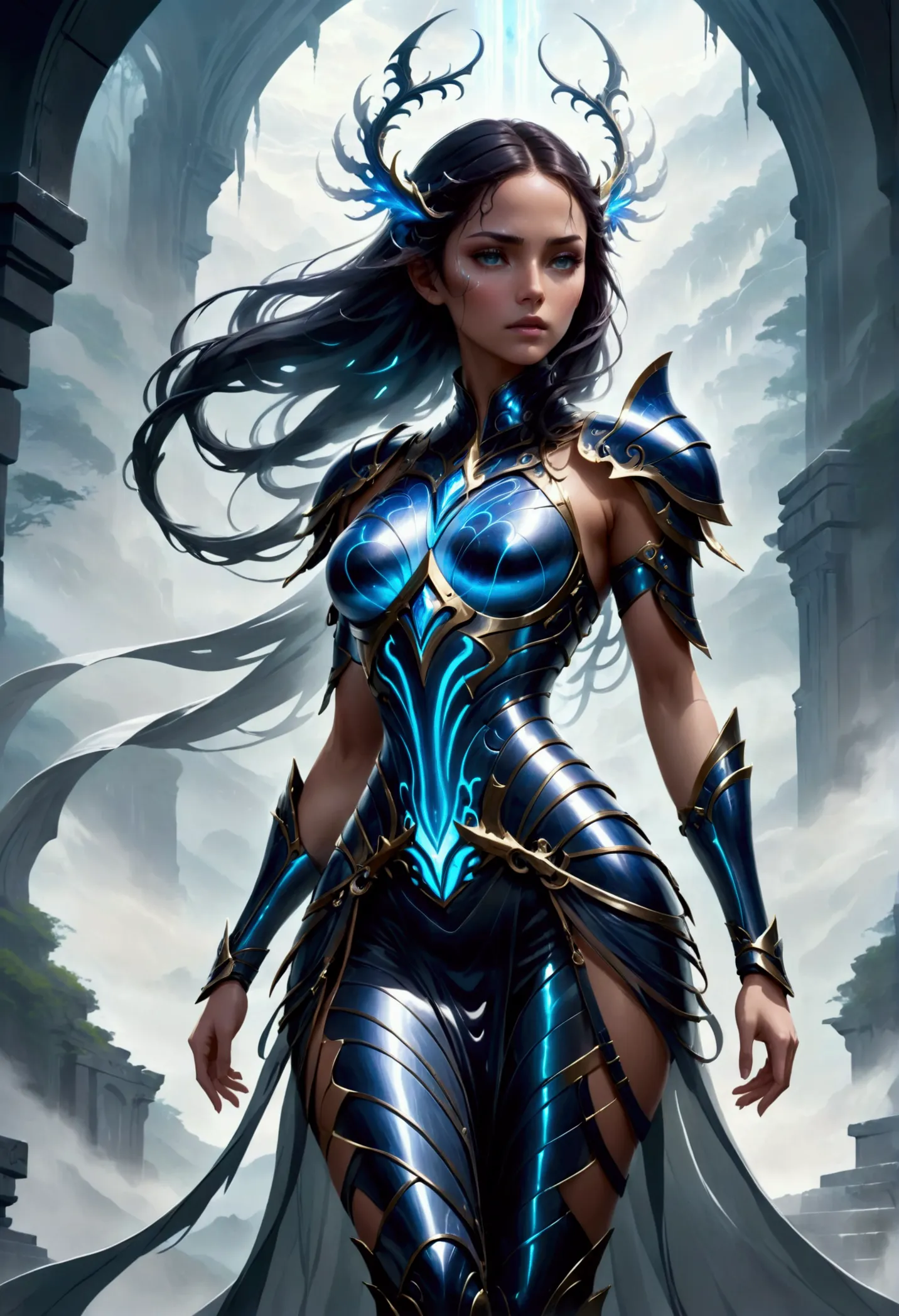 a stunning female fantasy warrior stands confidently, her body adorned with living, symbiotic armor that clings to her form like...