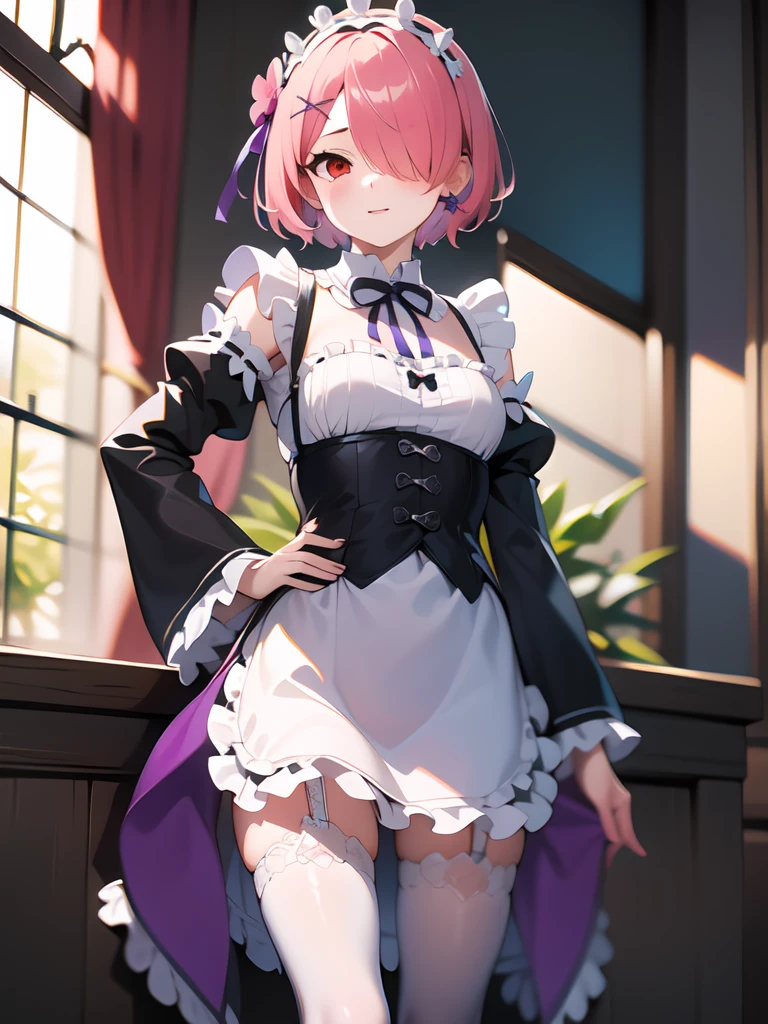 masterpiece, vibrant colours, best quality, detailed, highres, absurdres, score_9, score_8_up, score_7_up, 1girl, aaram, pink hair, white thighhighs, short hair, red eyes, hair over one eye, ribbon trim, hair ribbon, x hair ornament, frills, maid headdress, waist apron, garter straps, black ribbon, small breasts, long sleeves, white apron, neck ribbon, purple ribbon, wide sleeves, hair flower, indoors, standing, hands behind back