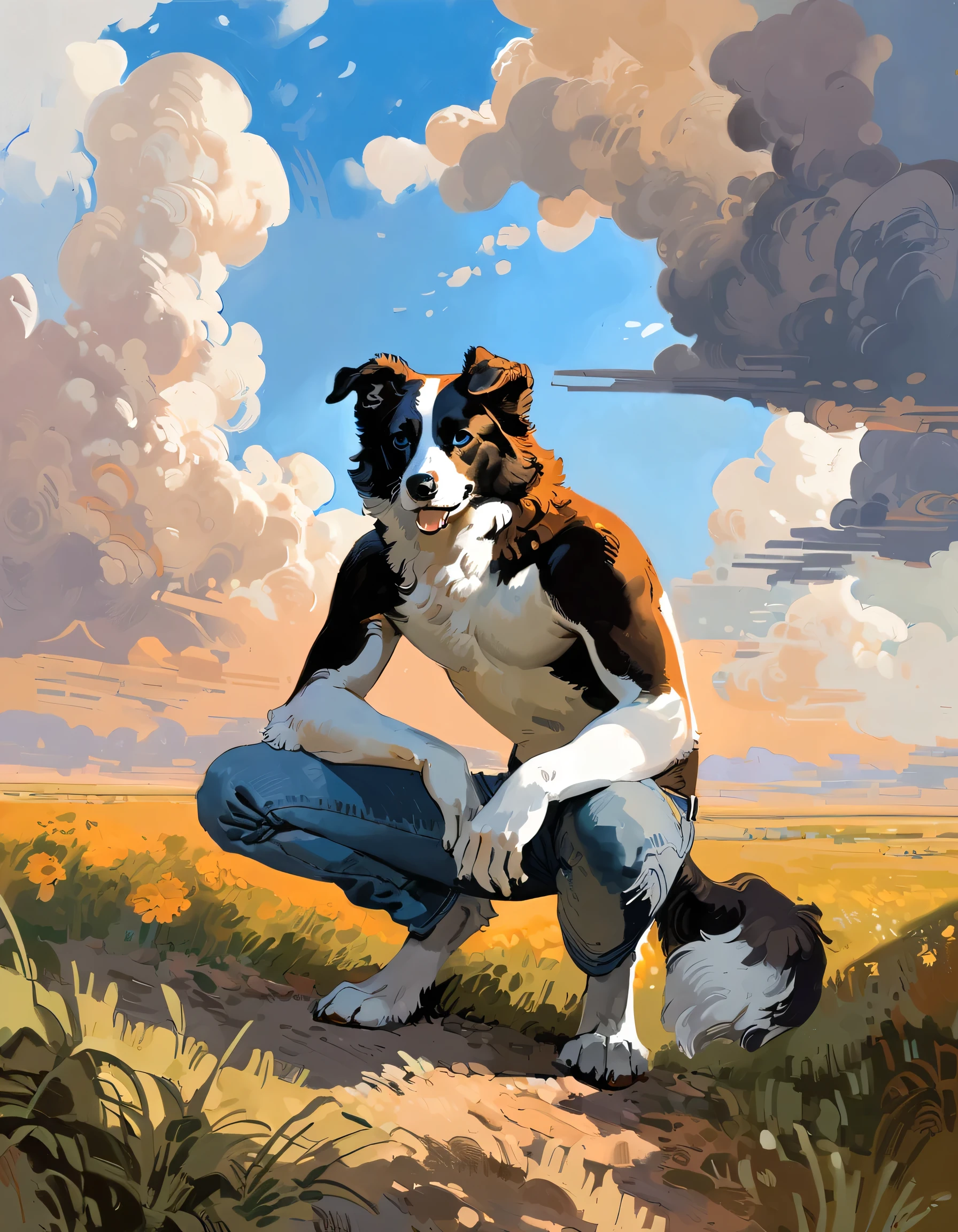 (Border Collie), solo, male, (anthro), (by seyorrol), ((intricate detailed background, prairie background, focus on cloudy sky)), (realistic shading), mysterious shadows, (epic, masterpiece, high quality, 8k, ultra HD, absurd res, top quality, best quality, max quality, masterpiece), (crouching), ((realistic blue eyes, relaxed)), ((candid photography)), (dynamic lighting), detailed fur, ((cowboy jeans)), full body, shirtless, digitigrade, tail, (asymmetrical composition)