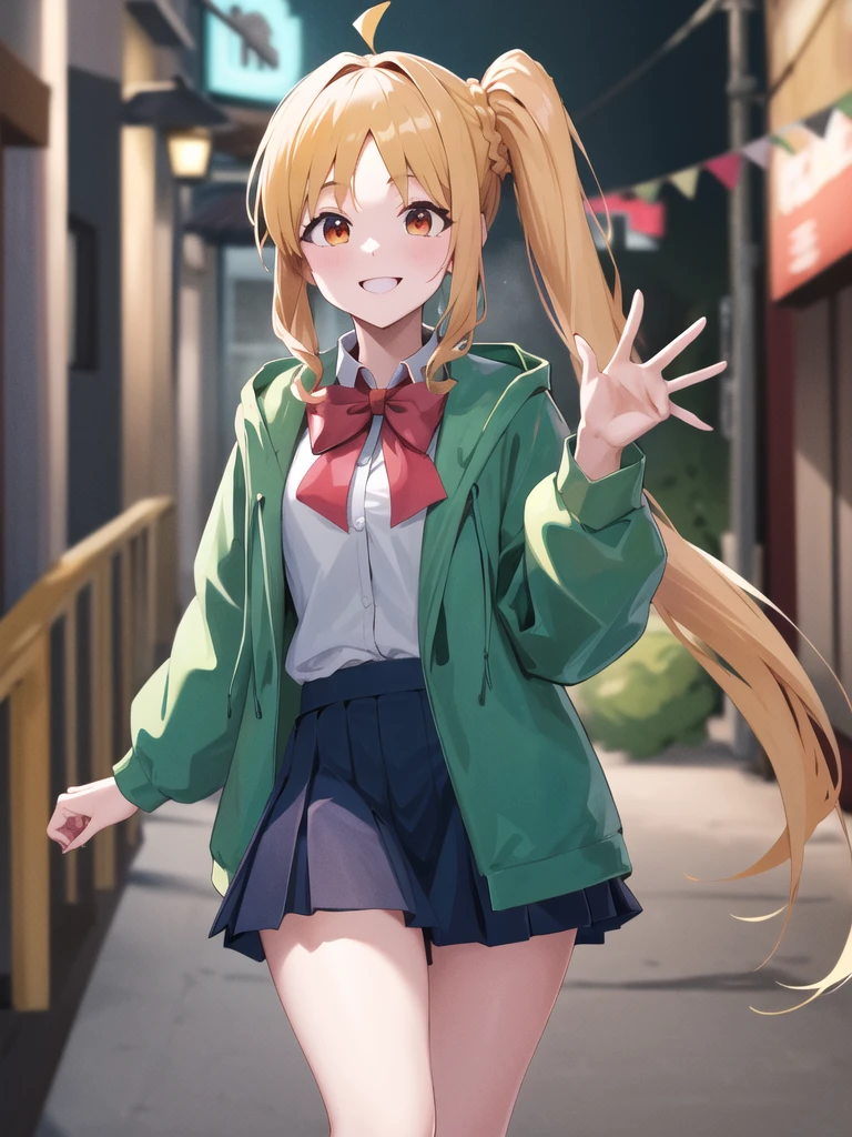 masterpiece, vibrant colours, best quality, detailed, highres, absurdres, score_9, score_8_up, score_7_up, in1, side ponytail, long hair, ahoge, white shirt, school uniform, blue skirt, long sleeves, red bow, white socks, green jacket, cowboy shot, standing, smile, waving