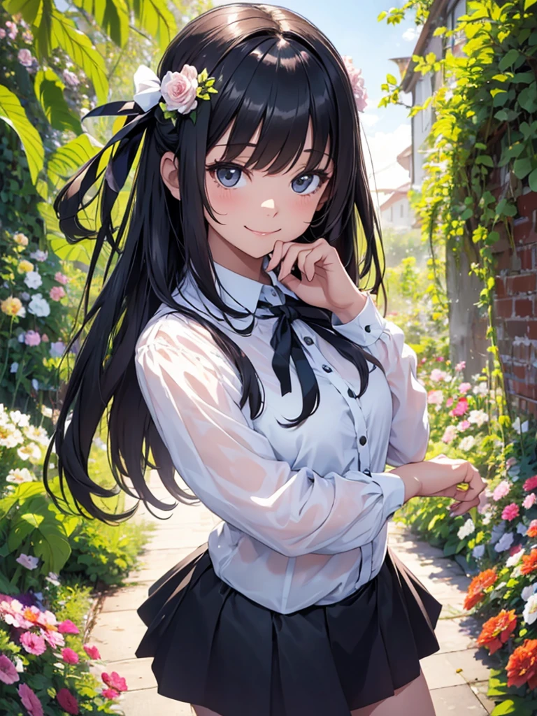 In a garden full of flowers, In sunlight,  A person wearing a white blouse and a black miniskirt is dancing, High resolution, Long Hair, Black Hair, Open your mouth a little, smile, Super detailed, Gentle colors, Character Design, ribbon hair accessories, 