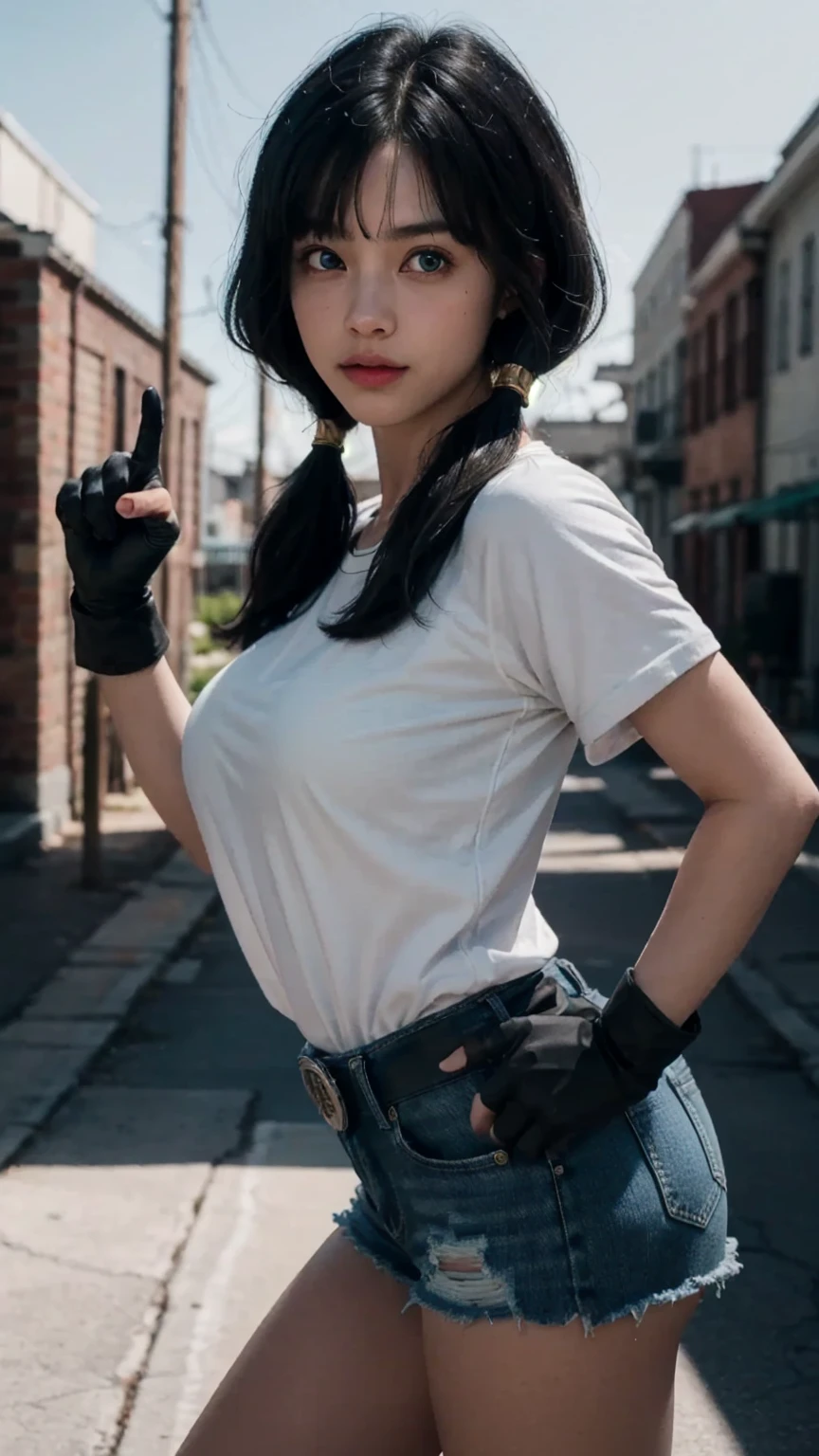 masterpiece, best quality, highres, videl2, solo, blue eyes, black hair, twintails, black gloves, bike_shorts,large breasts, bangs, white shirt, badge, medium breasts, cowboy shot, frown, hand on hip, leaning forward, pointing at viewer, (insanely detailed, beautiful detailed face,light on face, sunny, masterpiece, best quality) cinematic lighting, (photo realistic:1.4), (hyper realistic:1.4), (realistic:1.3), (smoother lighting:1.05), (increase cinematic lighting quality:0.9), 32K, perfect hands