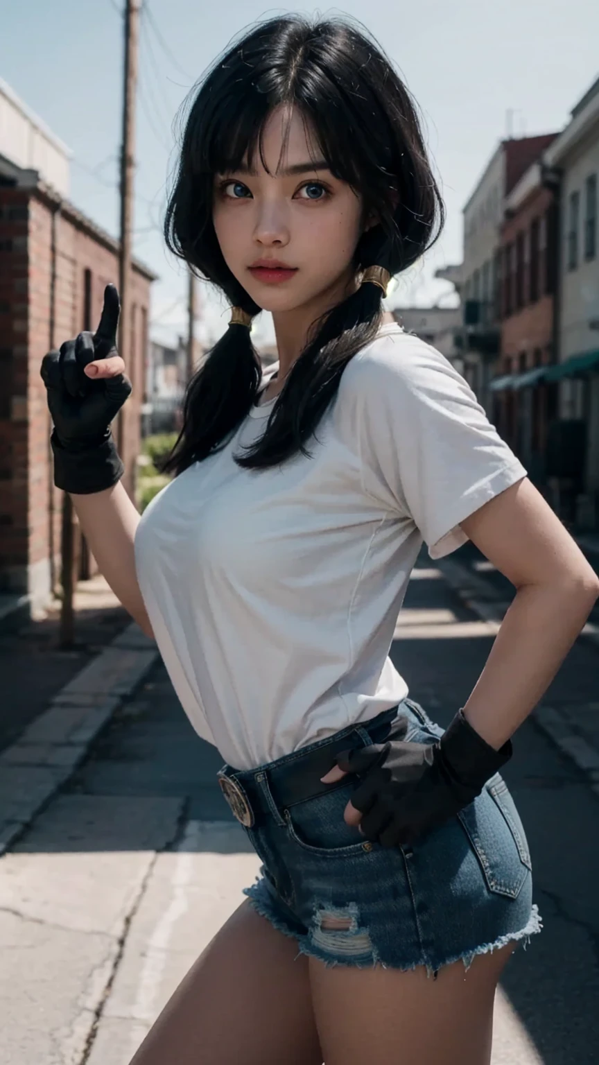 masterpiece, best quality, highres, videl2, solo, blue eyes, black hair, twintails, black gloves, bike_shorts,large breasts, bangs, white shirt, badge, medium breasts, cowboy shot, frown, hand on hip, leaning forward, pointing at viewer, (insanely detailed, beautiful detailed face,light on face, sunny, masterpiece, best quality) cinematic lighting, (photo realistic:1.4), (hyper realistic:1.4), (realistic:1.3), (smoother lighting:1.05), (increase cinematic lighting quality:0.9), 32K, perfect hands