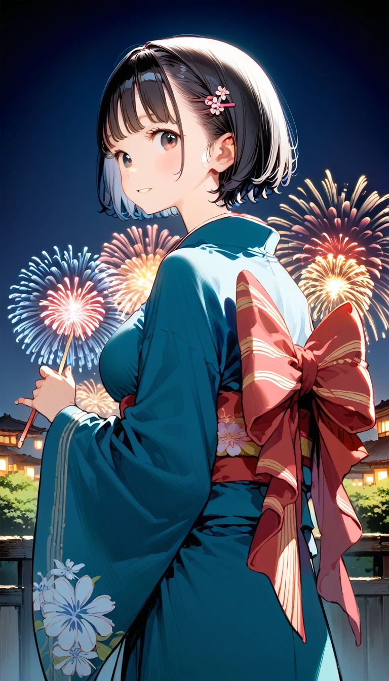 absurd resolution, high resolution, (work of art: 1.4), super verbose, (1womanl: 1.3), (standing alone: 1.4), fireworks, short bob, short bob, kimono, looking back, Closing Your Eyes, smiling, Lumiere, Makoto Shinkai style, rosto super close-up, Ultra-thin illustration, bright coloured, cinematic Lumiere, exciting Lumiere production, attention to the details, bright coloured, hair clips, kimono, large side breasts, looking back, glad, ssmile, from low,