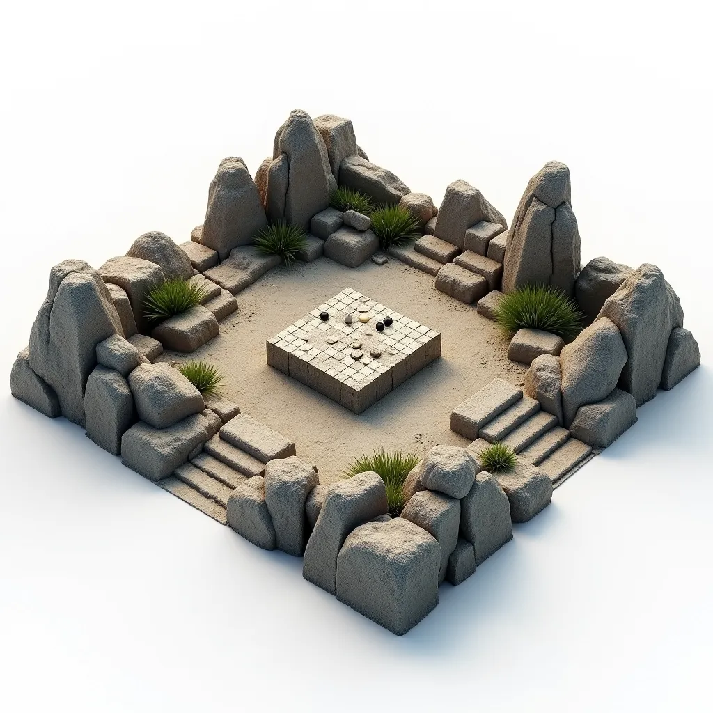 3D Modeling Games, tribal style, Realistic Rocky Square Terrain Model, old with a Go board made of stone. hyperrealisti, NVIDIA GEFORCE RTX Iray Daz Studio PBR rendering, Physical global illumination Iray PBR 3D props as reference, white background, sample props and assets for 3D