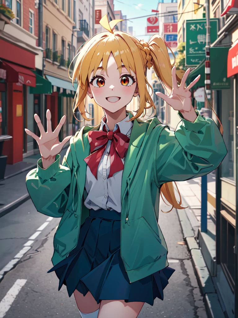 masterpiece, vibrant colours, best quality, detailed, highres, absurdres, score_9, score_8_up, score_7_up, in1, side ponytail, long hair, ahoge, white shirt, school uniform, blue skirt, long sleeves, red bow, white socks, green jacket, cowboy shot, standing, smile, waving