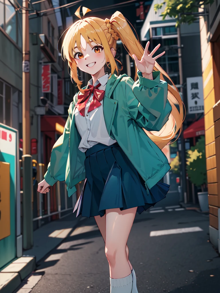 masterpiece, vibrant colours, best quality, detailed, highres, absurdres, score_9, score_8_up, score_7_up, in1, side ponytail, long hair, ahoge, white shirt, school uniform, blue skirt, long sleeves, red bow, white socks, green jacket, cowboy shot, standing, smile, waving