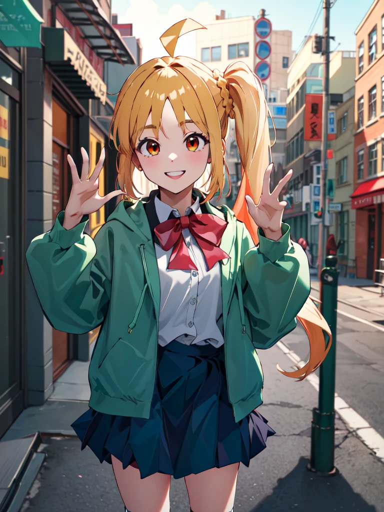 masterpiece, vibrant colours, best quality, detailed, highres, absurdres, score_9, score_8_up, score_7_up, in1, side ponytail, long hair, ahoge, white shirt, school uniform, blue skirt, long sleeves, red bow, white socks, green jacket, cowboy shot, standing, smile, waving