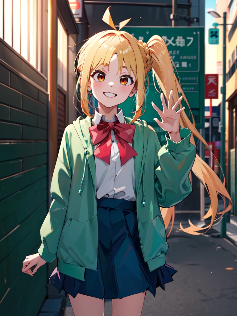 masterpiece, vibrant colours, best quality, detailed, highres, absurdres, score_9, score_8_up, score_7_up, in1, side ponytail, long hair, ahoge, white shirt, school uniform, blue skirt, long sleeves, red bow, white socks, green jacket, cowboy shot, standing, smile, waving