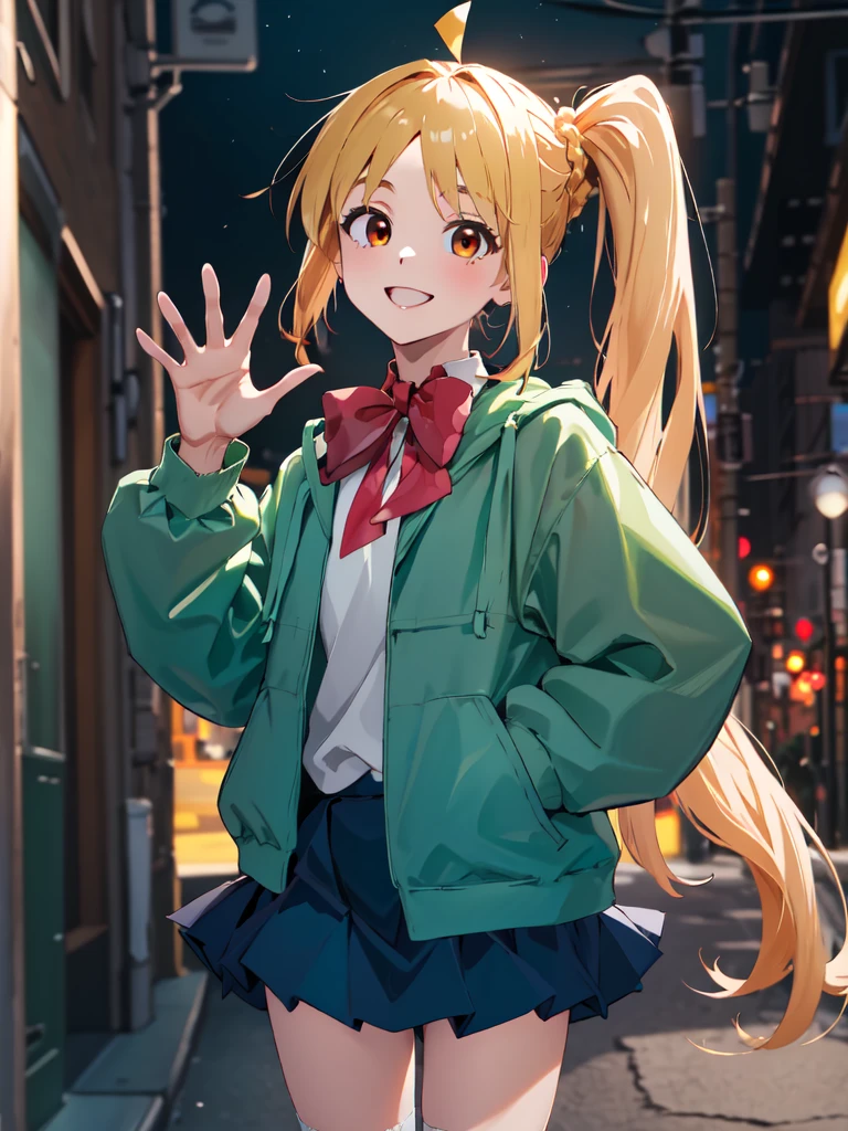 masterpiece, vibrant colours, best quality, detailed, highres, absurdres, score_9, score_8_up, score_7_up, in1, side ponytail, long hair, ahoge, white shirt, school uniform, blue skirt, long sleeves, red bow, white socks, green jacket, cowboy shot, standing, smile, waving