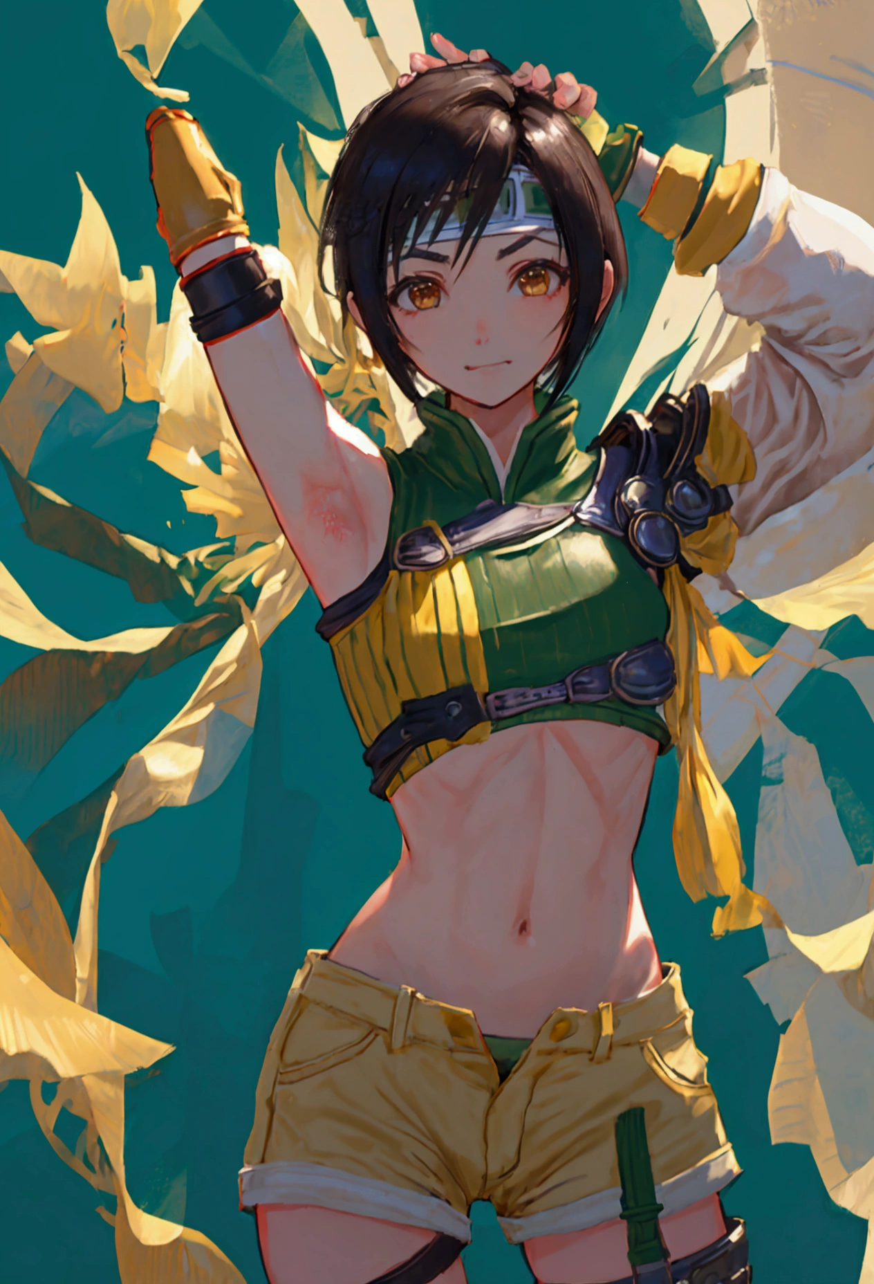 masterpiece, best quality, yuffie kisaragi, headband, green crop top, shoulder armor, armguard, fingerless gloves, tan shorts, single thighhigh, fishnets, upper body, looking at viewer, furrowed brow, smug smile, closed mouth, grass, bamboo, sky, arms up, armpits visible, sweaty armpits