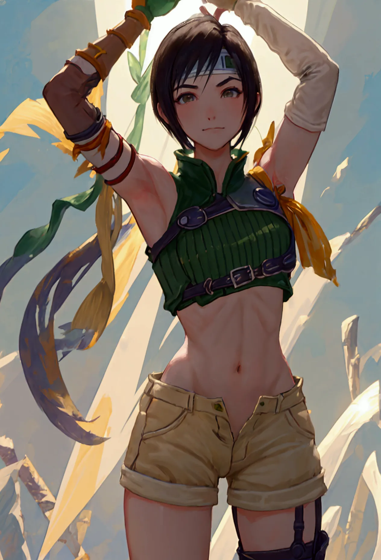 masterpiece, best quality, yuffie kisaragi, headband, green crop top, shoulder armor, armguard, fingerless gloves, tan shorts, s...