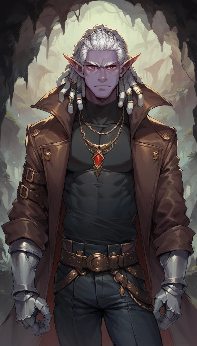 score_9, score_8_up, score_7_up, score_6_up, 1man, white hair, dreadlocks, red eyes, elf ears, purple skin, black shirt, coat, necklace, silver gauntlets, belt, black pants, cave, male focus, solo