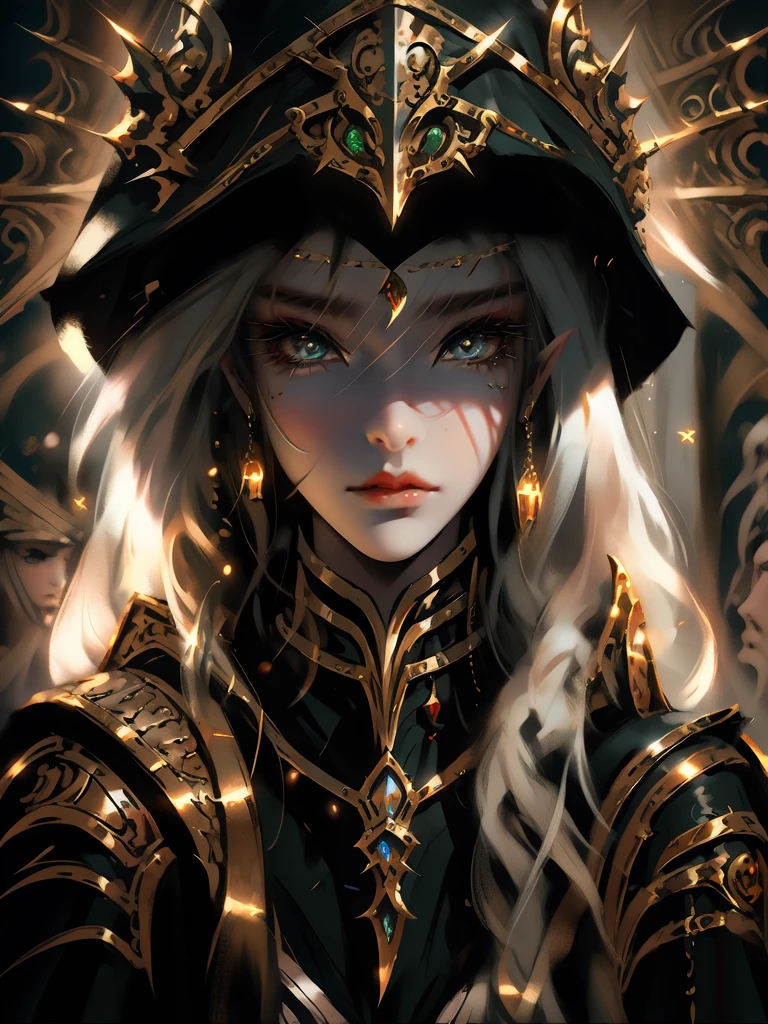 Sylvanas Windrunner  from wow ,Wlop style,(best qualityer, work of art), 1 girl, lo fashion clothes, gucci, role model, fine details on the face, chic, lo fashion, all-body, , surprising details, Film light, jewerly, gold, clear eyes, 