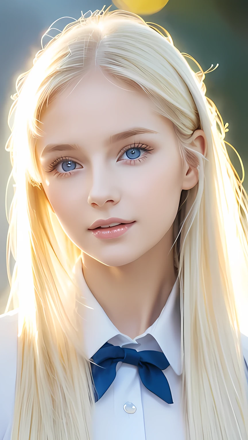 Portrait、School uniform、Bright expression、ponytail、Young, lustrous, glowing, white skin、The best beauty、Blonde reflection、Platinum blonde hair with dazzling highlights、Shiny bright hair,、super long silky super long straight hair、Shiny beautiful bangs、Sparkling, translucent, captivating, large blue eyes、Very beautiful lovely cute girl、Ample Bust