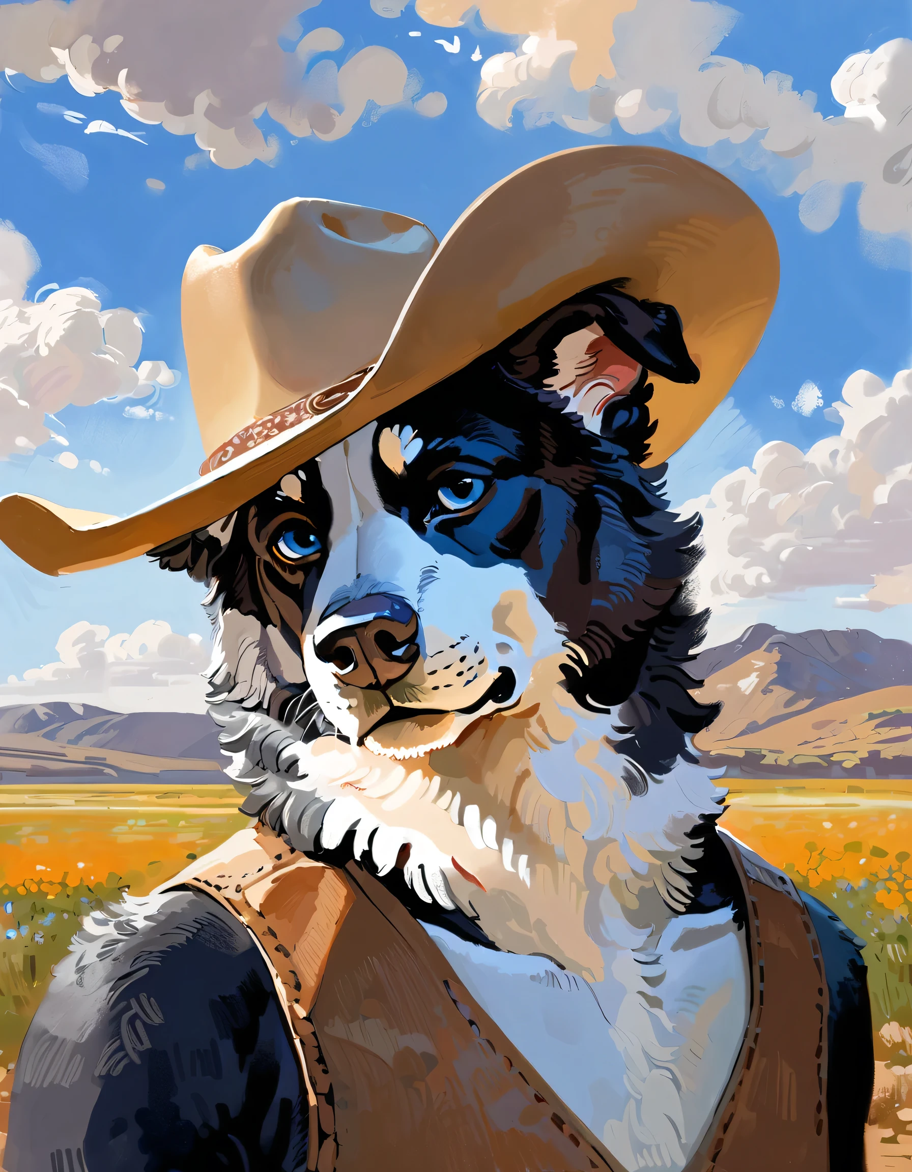 (Border Collie), solo, male, (anthro), (by seyorrol), ((intricate detailed background, prairie background, focus on cloudy sky)), (realistic shading), mysterious shadows, (epic, masterpiece, high quality, 8k, ultra HD, absurd res, top quality, best quality, max quality, masterpiece), (half body), ((realistic blue eyes, relaxed, squinting)), ((candid photography)), (dynamic lighting), detailed fur, ((cowboy hat)), skinny,