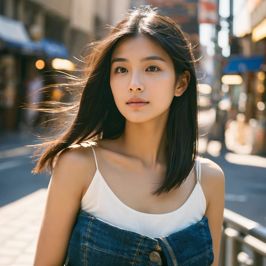 A hyper-realistic image of a single Japanese woman in her early 20s, captured from the shoulders up with the nostalgic warmth and subtle graininess of a film camera. She stands against the backdrop of a bustling city street, where soft, diffused natural light filters through buildings, casting intricate patterns of light and shadow across her face and shoulders. Her skin has a warm beige tone with a textured, realistic appearance, showing visible pores, fine lines, and natural imperfections like slight unevenness and small blemishes, adding to the authenticity of her appearance. Her straight, glossy black hair is slightly tousled, falling naturally around her shoulders, with strands catching the light. Her deep brown eyes reflect the ambient city lights, adding depth and emotion, while areas of her face are gently shadowed, highlighting the natural contours of her cheeks and jawline. The film camera effect introduces a slight grain and a softer focus, blending her figure into the warm, nostalgic urban atmosphere while maintaining the realistic texture of her skin. She is wearing a light, sleeveless summer top, with bare shoulders that subtly catch the natural light, emphasizing the season's warmth and her understated elegance. The interplay of light and shadow on her face and shoulders creates a dynamic, lifelike effect, making the image feel both authentic and captivating.