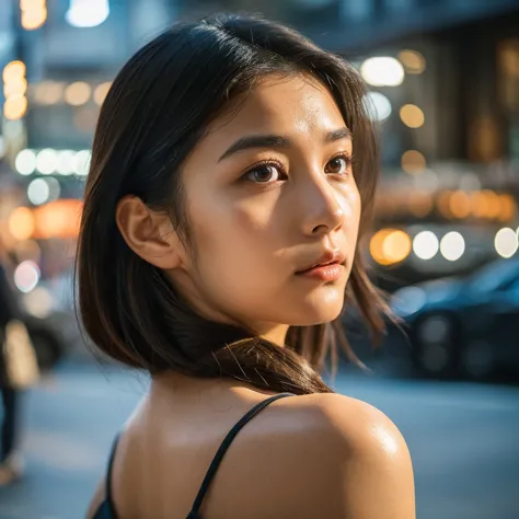 a hyper-realistic image of a single japanese woman in her early 20s, captured from the shoulders up with the nostalgic warmth an...