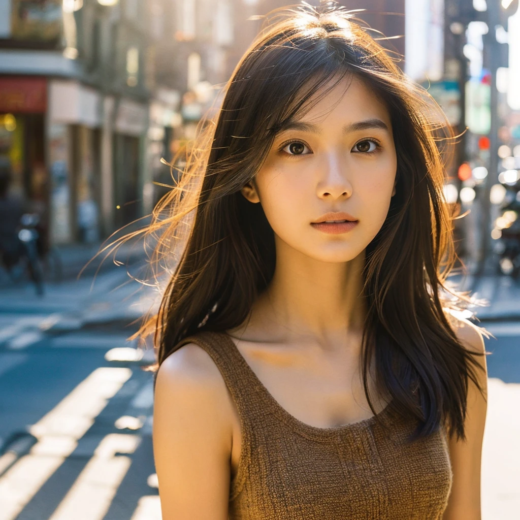 A hyper-realistic image of a single Japanese woman in her early 20s, captured from the shoulders up with the nostalgic warmth and subtle graininess of a film camera. She stands against the backdrop of a bustling city street, where soft, diffused natural light filters through buildings, casting intricate patterns of light and shadow across her face and shoulders. Her skin has a warm beige tone with a textured, realistic appearance, showing visible pores, fine lines, and natural imperfections like slight unevenness and small blemishes, adding to the authenticity of her appearance. Her straight, glossy black hair is slightly tousled, falling naturally around her shoulders, with strands catching the light. Her deep brown eyes reflect the ambient city lights, adding depth and emotion, while areas of her face are gently shadowed, highlighting the natural contours of her cheeks and jawline. The film camera effect introduces a slight grain and a softer focus, blending her figure into the warm, nostalgic urban atmosphere while maintaining the realistic texture of her skin. She is wearing a light, sleeveless summer top, with bare shoulders that subtly catch the natural light, emphasizing the season's warmth and her understated elegance. The interplay of light and shadow on her face and shoulders creates a dynamic, lifelike effect, making the image feel both authentic and captivating.