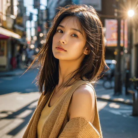 a hyper-realistic image of a single japanese woman in her early 20s, captured from the shoulders up with the nostalgic warmth an...