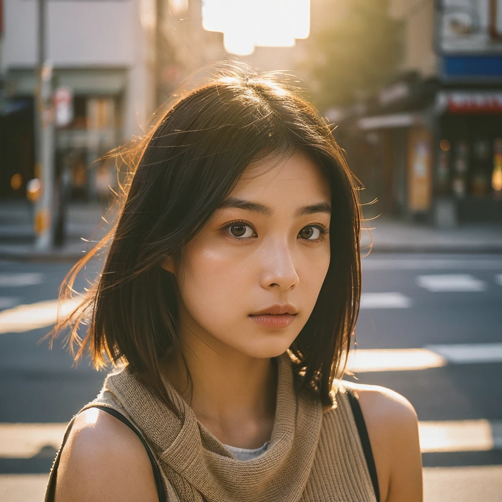 A hyper-realistic image of a single Japanese woman in her early 20s, captured from the shoulders up with the nostalgic warmth and subtle graininess of a film camera. She stands against the backdrop of a bustling city street, where soft, diffused natural light filters through buildings, casting intricate patterns of light and shadow across her face and shoulders. Her skin has a warm beige tone with a textured, realistic appearance, showing visible pores, fine lines, and natural imperfections like slight unevenness and small blemishes, adding to the authenticity of her appearance. Her straight, glossy black hair is slightly tousled, falling naturally around her shoulders, with strands catching the light. Her deep brown eyes reflect the ambient city lights, adding depth and emotion, while areas of her face are gently shadowed, highlighting the natural contours of her cheeks and jawline. The film camera effect introduces a slight grain and a softer focus, blending her figure into the warm, nostalgic urban atmosphere while maintaining the realistic texture of her skin. She is wearing a light, sleeveless summer top, with bare shoulders that subtly catch the natural light, emphasizing the season's warmth and her understated elegance. The interplay of light and shadow on her face and shoulders creates a dynamic, lifelike effect, making the image feel both authentic and captivating.