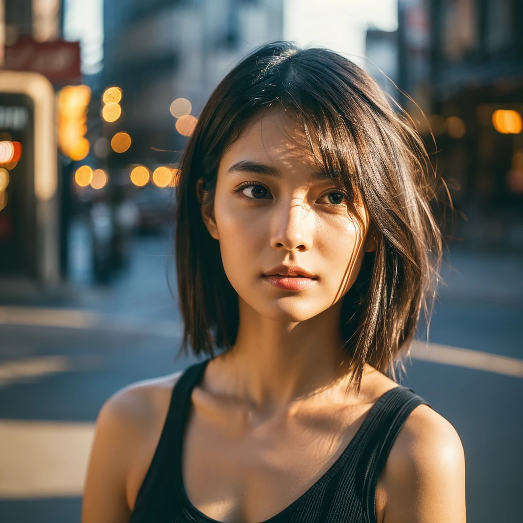 A hyper-realistic image of a single Japanese woman in her early 20s, captured from the shoulders up with the nostalgic warmth and subtle graininess of a film camera. She stands against the backdrop of a bustling city street, where soft, diffused natural light filters through buildings, casting intricate patterns of light and shadow across her face and shoulders. Her skin has a warm beige tone with a textured, realistic appearance, showing visible pores, fine lines, and natural imperfections like slight unevenness and small blemishes, adding to the authenticity of her appearance. Her straight, glossy black hair is slightly tousled, falling naturally around her shoulders, with strands catching the light. Her deep brown eyes reflect the ambient city lights, adding depth and emotion, while areas of her face are gently shadowed, highlighting the natural contours of her cheeks and jawline. The film camera effect introduces a slight grain and a softer focus, blending her figure into the warm, nostalgic urban atmosphere while maintaining the realistic texture of her skin. She is wearing a light, sleeveless summer top, with bare shoulders that subtly catch the natural light, emphasizing the season's warmth and her understated elegance. The interplay of light and shadow on her face and shoulders creates a dynamic, lifelike effect, making the image feel both authentic and captivating.