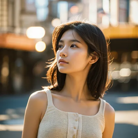 a hyper-realistic image of a single japanese woman in her early 20s, captured from the shoulders up with the nostalgic warmth an...