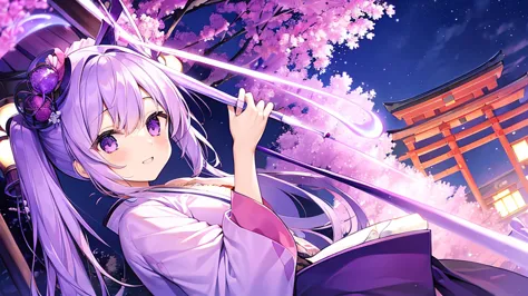 woman　clear　light purple hair　　　kimono　japan　　night sky