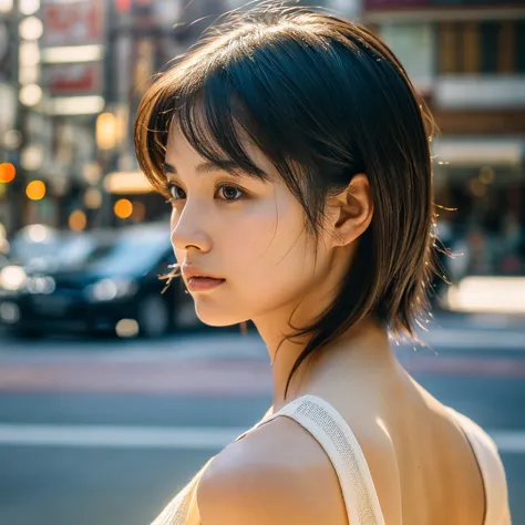 a hyper-realistic image of a single japanese woman in her early 20s, captured from the shoulders up with the nostalgic warmth an...