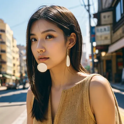 a hyper-realistic image of a single japanese woman in her early 20s, captured from the shoulders up with the nostalgic warmth an...