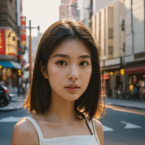 a hyper-realistic image of a single japanese woman in her early 20s, captured from the shoulders up with the nostalgic warmth an...