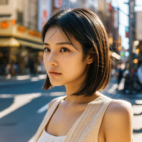 a hyper-realistic image of a single japanese woman in her early 20s, captured from the shoulders up with the nostalgic warmth an...