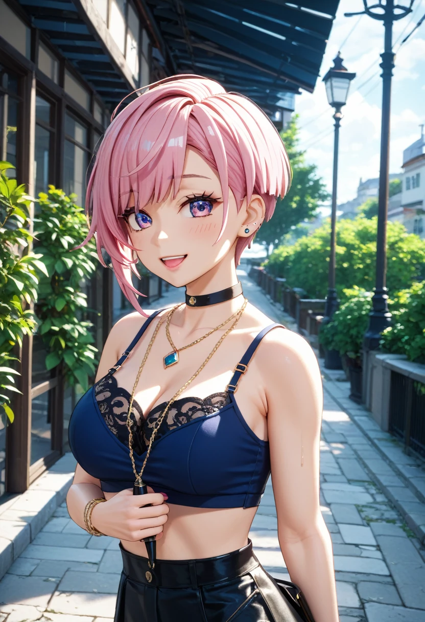 (Highest quality, 4K, 8k, High resolution, masterpiece:1.2), Very detailed, Picturesque, Anime style photo, Photo Anime:1.37)、a beautiful japanese girl、gyaru、pink hair、pixie cut、black choker、pierce、necklace、bracelet、