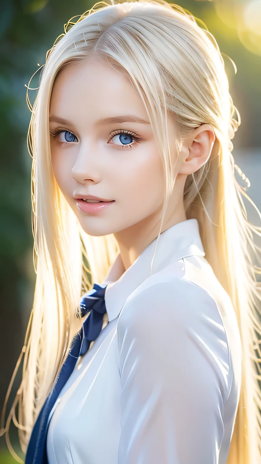 Portrait、School uniform、Bright expression、ponytail、Young, lustrous, glowing, white skin、The best beauty、Blonde reflection、Platinum blonde hair with dazzling highlights、Shiny bright hair,、super long silky super long straight hair、Shiny beautiful bangs、Sparkling, translucent, captivating, large blue eyes、Very beautiful lovely cute girl、Ample Bust