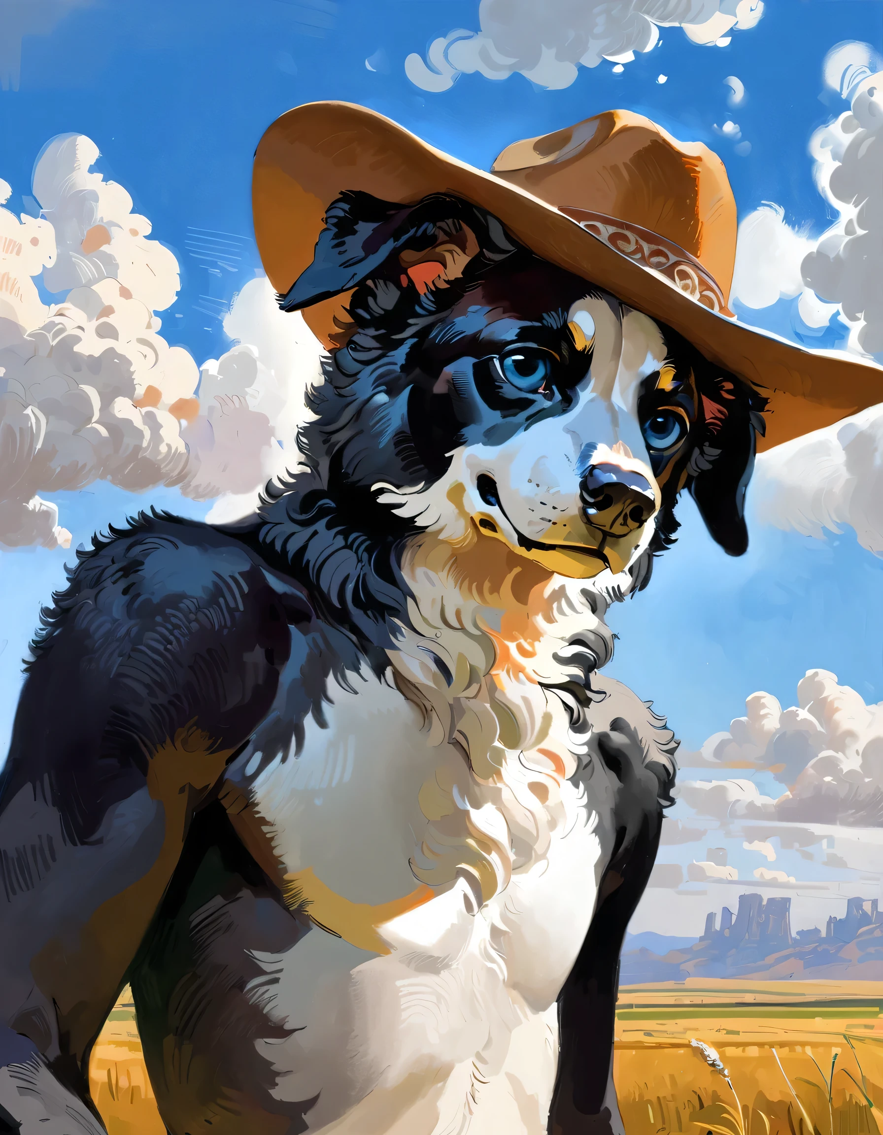 (Border Collie), solo, male, (anthro), (by seyorrol), ((intricate detailed background, prairie background, focus on cloudy sky)), (realistic shading), mysterious shadows, (epic, masterpiece, high quality, 8k, ultra HD, absurd res, top quality, best quality, max quality, masterpiece), (half body), ((realistic blue eyes, relaxed, squinting)), ((candid photography)), (dynamic lighting), detailed fur, ((cowboy hat)), skinny,